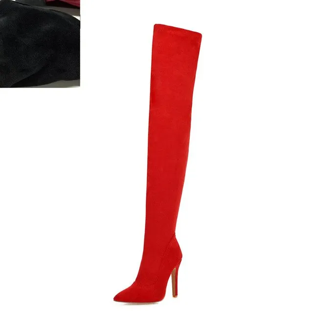 Marque 2019 Grandes tailles 32-48 Chaussures pour femmes Bottes fines Talons hauts Bottes montantes femme Rouge Noir Chaussures de soirée pour femmes Chaussures Fashion Nova