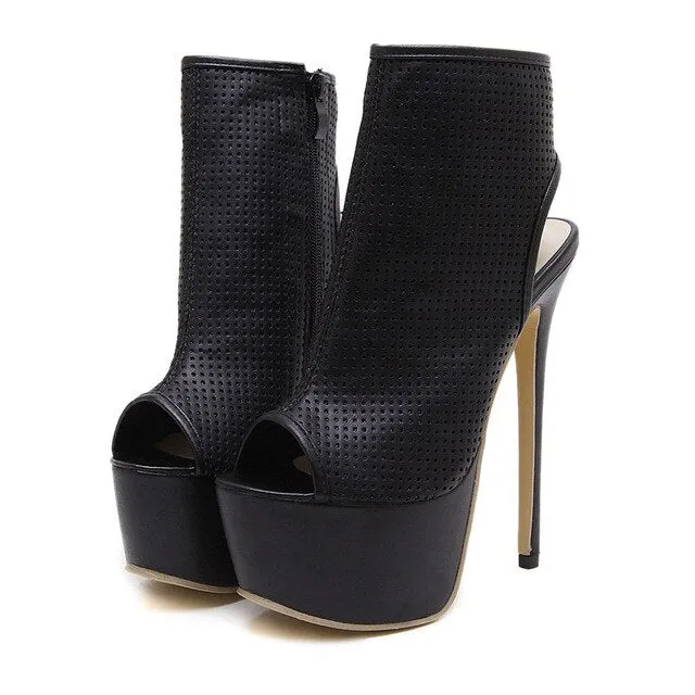 Bottes cheville femme été 2020 nouvelles à talons hauts 16 cm bout ouvert stiletto escarpins noirs femme soirée zip mode chaussures femme Fashion Nova