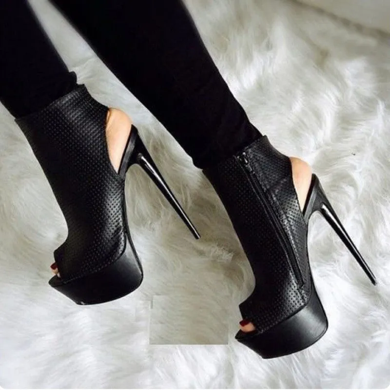Bottes cheville femme été 2020 nouvelles à talons hauts 16 cm bout ouvert stiletto escarpins noirs femme soirée zip mode chaussures femme Fashion Nova