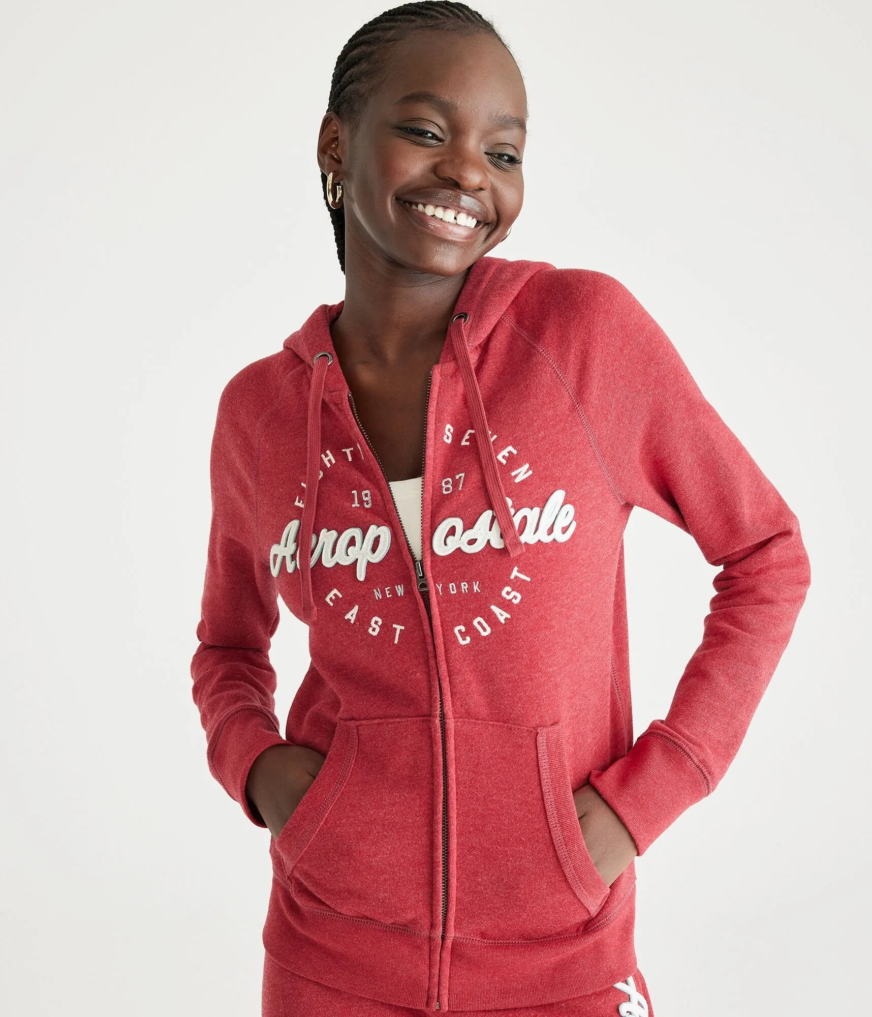 Aeropostale Femmes - Sweat à capuche Aeropostale East Coast à fermeture éclair complète - Rouge foncé - Taille L - Coton - Mode adolescente & Vêtements Vin antique Aeropostale