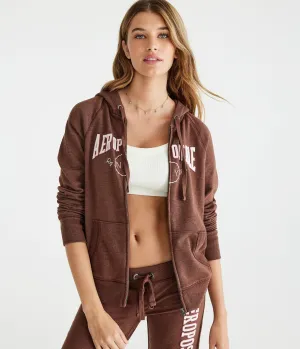 Aeropostale Femmes - Sweat à capuche zip complet avec logo Aeropostale NY - Marron foncé - Taille XS - Coton - Mode et vêtements pour adolescents Nougat Aeropostale