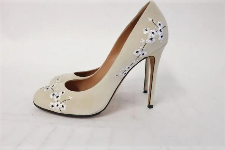 Alexa Wagner Pumps Princess Ric Suède Brodé de Fleurs Taille 38 Talon Haut