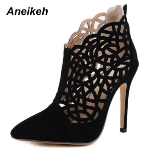 Aneikeh 2019 Flock Fashion Bottes Printemps Gladiateur Femme Uni Évidée Talons Hauts Mince Bottes Décolleté Noir Soirée Quotidien 35-40 Fashion Nova Chaussures