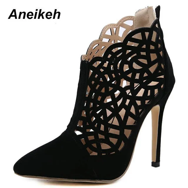Aneikeh 2019 Flock Fashion Bottes Printemps Gladiateur Femme Uni Évidée Talons Hauts Mince Bottes Décolleté Noir Soirée Quotidien 35-40 Fashion Nova Chaussures