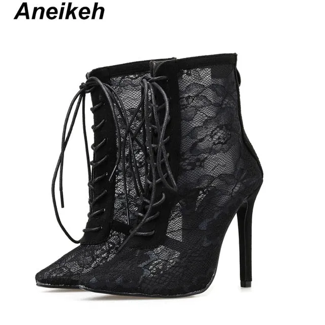 Aneikeh 2019 Nouvelle Collection Bottes Femme Mature à Mesh Talons Hauts Fins à Lacets Floraux Bout Pointu pour Soirée Mariage Noir Taille 35-40 Chaussures Fashion Nova
