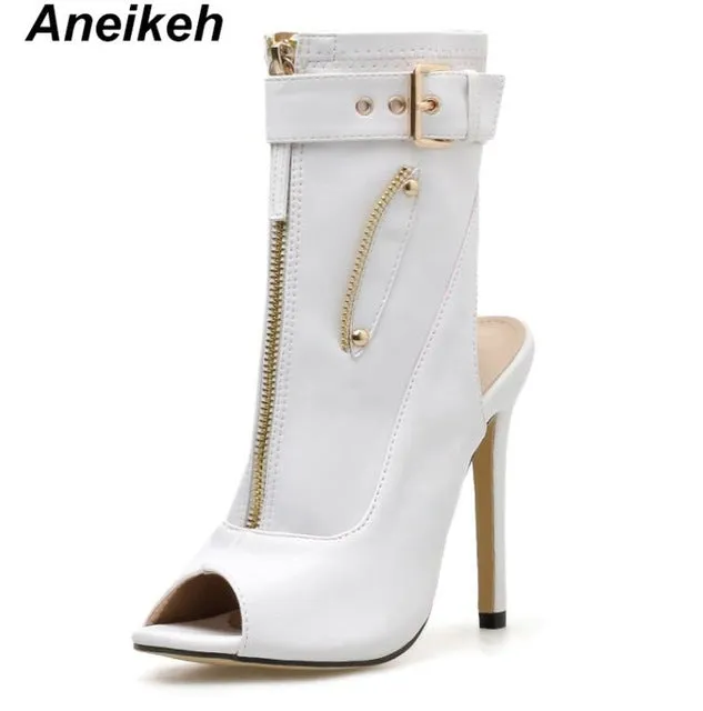 Aneikeh 2019 Bottes d'été PU à talons hauts pour femmes Bottes Chelsea sexy à bout ouvert Chaussures à talons fins pour soirée Tailles 35-40 Chaussures Fashion Nova
