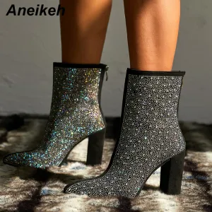 Aneikeh Fashion Bottines Femme à Strass Cristaux Bling Talon Carré Chaussures Sexy Bout Pointu Talon Épais Bottes de Soirée Club Fashion Nova