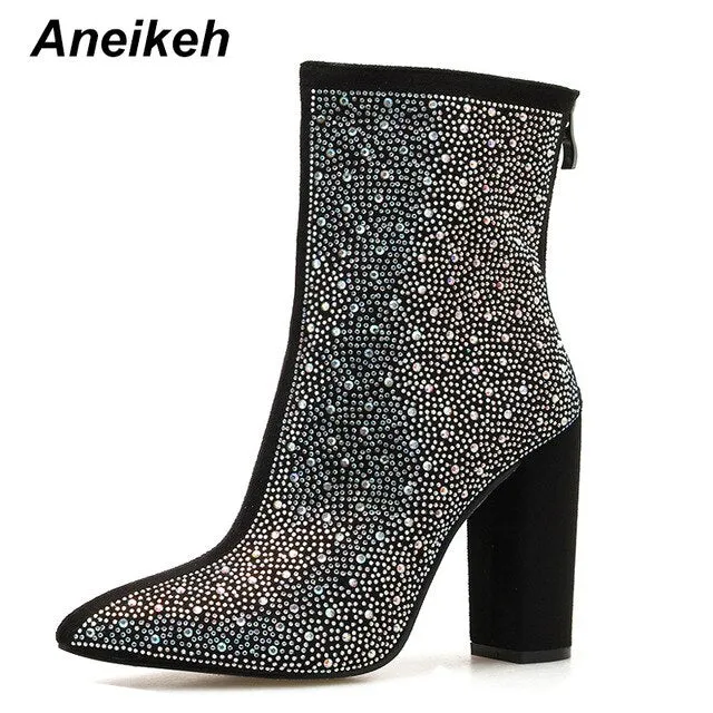 Aneikeh Fashion Bottines Femme à Strass Cristaux Bling Talon Carré Chaussures Sexy Bout Pointu Talon Épais Bottes de Soirée Club Fashion Nova