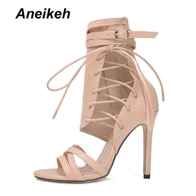 Aneikeh Chaussures Femme Sandales à Boucle Romaine Lacets Sexy Gladiateur Bout Ouvert Talons Hauts Bottes Cheville Femme Noir Aprict Fashion Nova