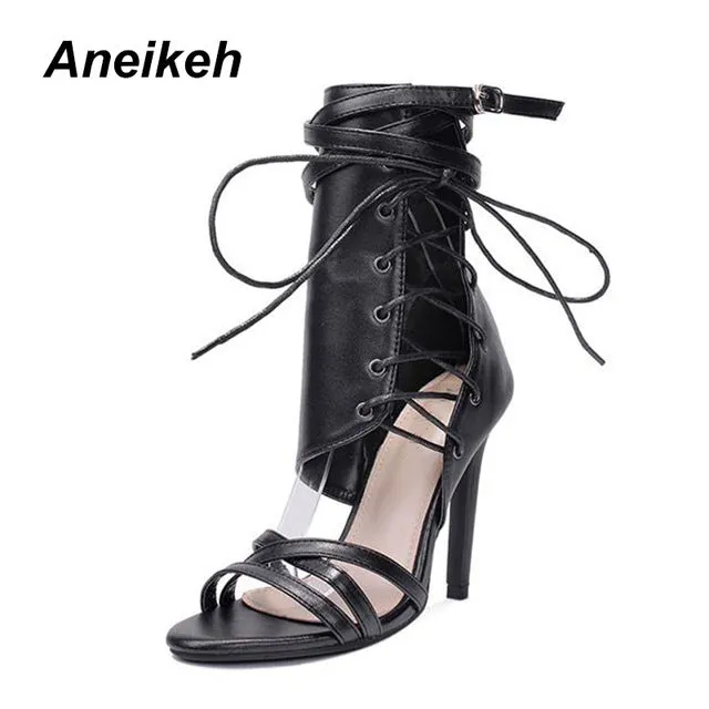 Aneikeh Chaussures Femme Sandales à Boucle Romaine Lacets Sexy Gladiateur Bout Ouvert Talons Hauts Bottes Cheville Femme Noir Aprict Fashion Nova