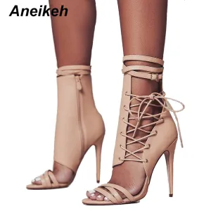 Aneikeh Chaussures Femme Sandales à Boucle Romaine Lacets Sexy Gladiateur Bout Ouvert Talons Hauts Bottes Cheville Femme Noir Aprict Fashion Nova