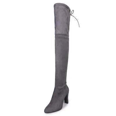 BORRUICE 2019 Bottes de fête sexy en daim et cuir pour femmes, bottes à talons hauts au-dessus du genou, bottes d'hiver extensibles en velours, chaussures mode Fashion Nova