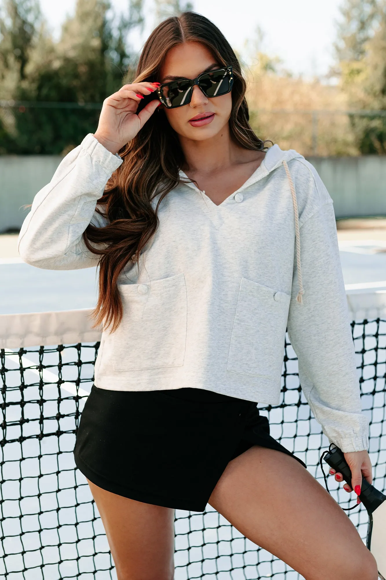 Haut à capuche Cape Cod Cutie avec poche boutonnée (Gris chiné)