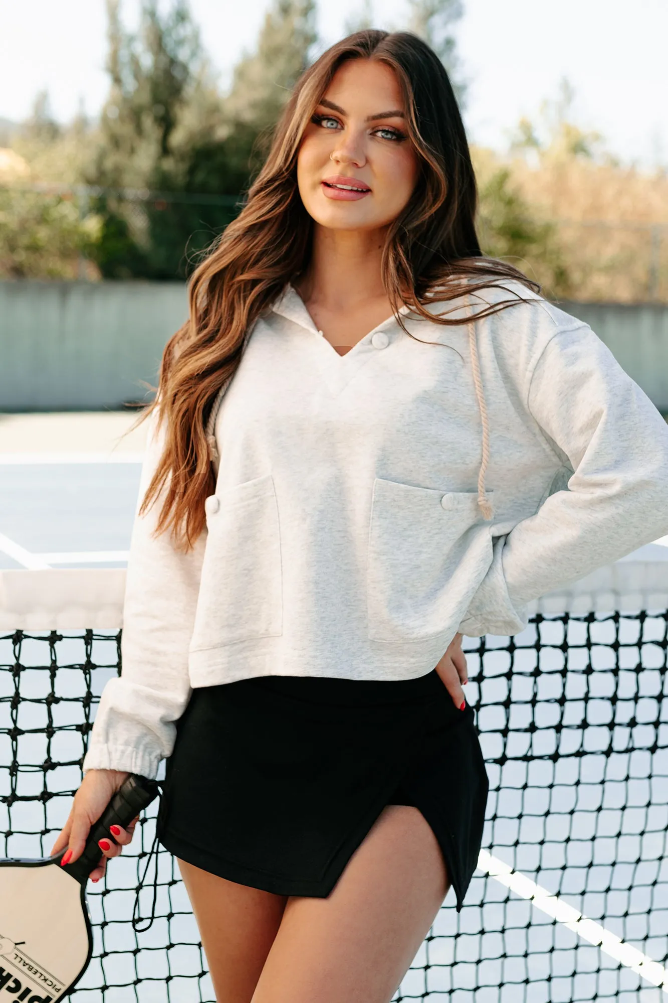 Haut à capuche Cape Cod Cutie avec poche boutonnée (Gris chiné)
