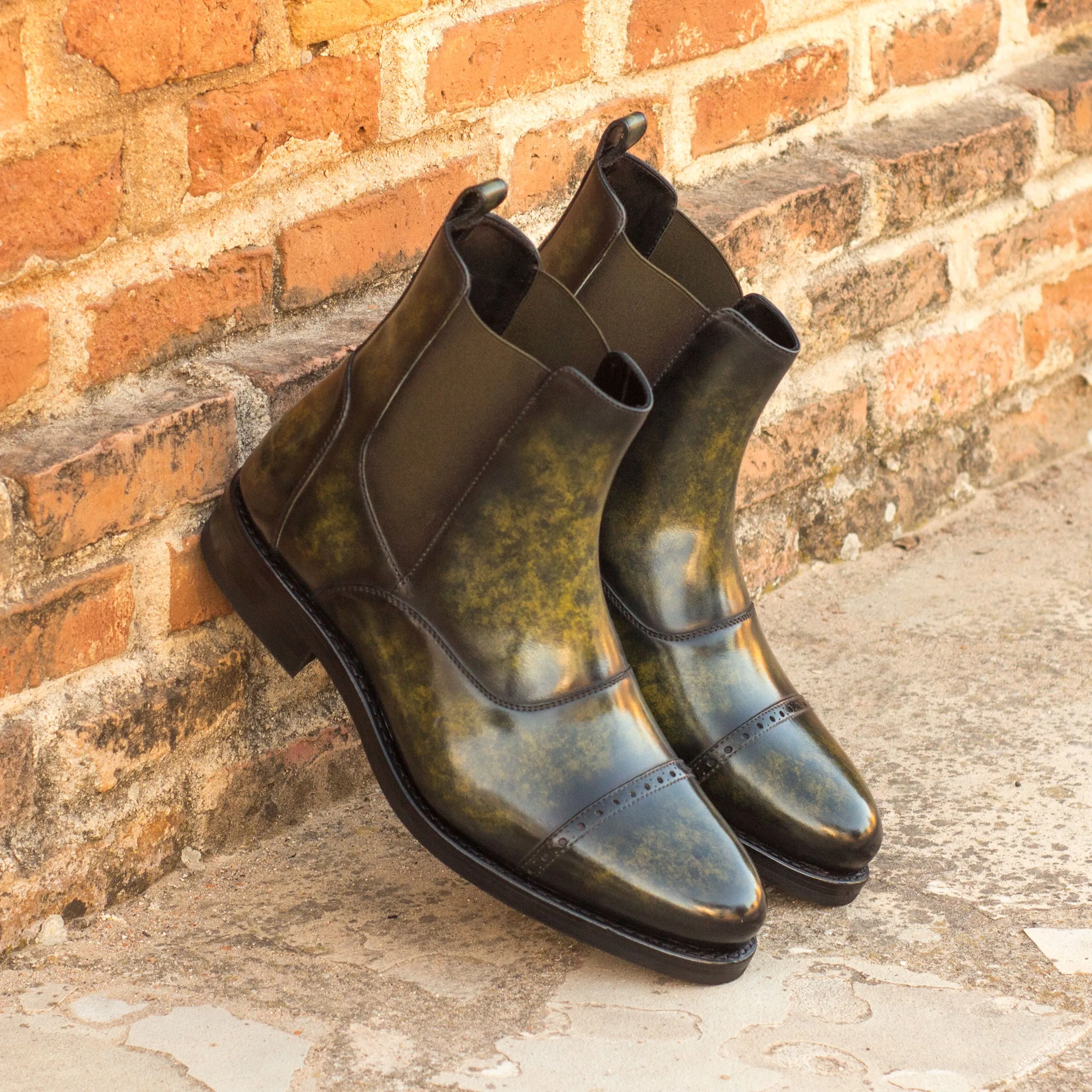 Chaussures Dapperfam DapperFam Vesuvio en kaki Bottes multiples Chelsea à patine peinte à la main pour hommes
