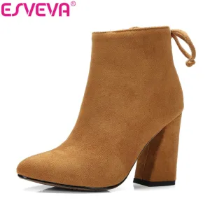 ESVEVA 2020 Bottes Femme Bottes Cheville Daim Talon Carré Chaussures Hiver Bout Rond Soirée Occidentale Automne Tailles 34-43 Chaussures Fashion Nova
