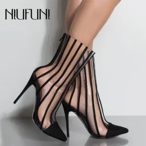 Bottes en PVC transparent à la mode Sandales à bout pointu Talons hauts fins Chaussures transparentes Mujer Bottes pour femmes Bottes à rayures noires Chaussures de soirée Chaussures Fashion Nova