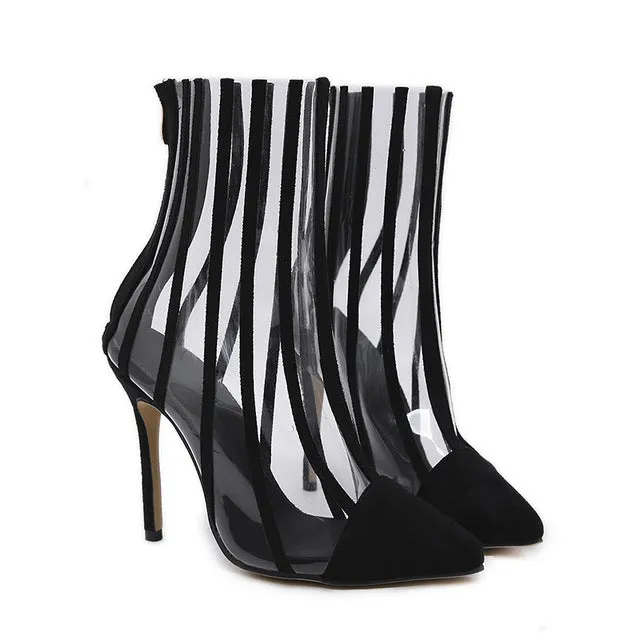 Bottes en PVC transparent à la mode Sandales à bout pointu Talons hauts fins Chaussures transparentes Mujer Bottes pour femmes Bottes à rayures noires Chaussures de soirée Chaussures Fashion Nova