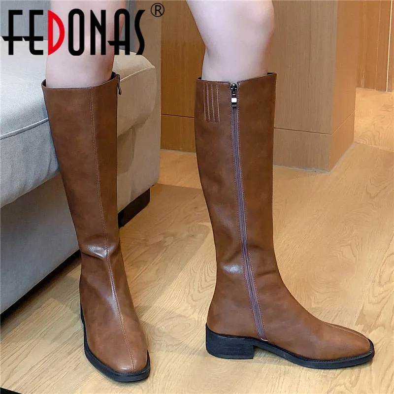FEDONAS Bottes hautes pour femmes en cuir véritable élégantes et concises, Bottes vintage montant jusqu'au genou, Chaussures de soirée et de bal, Bottes longues avec fermeture éclair latérale pour l'hiver, Chaussures Fashion Nova