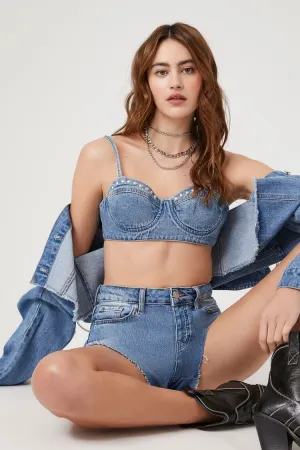 Forever 21 Femme Bralette en Denim à Cœurs Cloutés Denim Lavé Forever 21