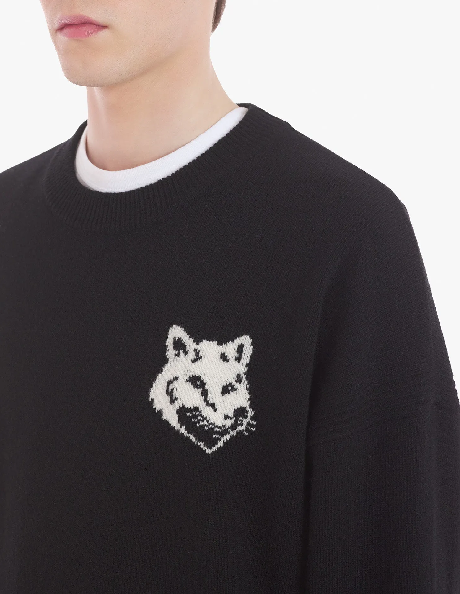 Pull Confort Intarsia Tête de Renard Noir