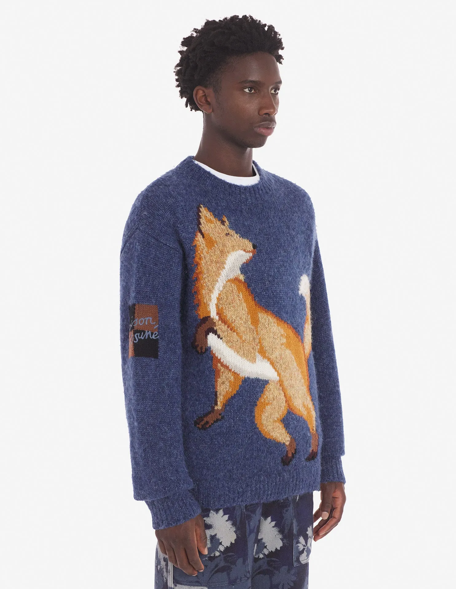 Pull confortable Fox Intarsia en denim bleu mélangé