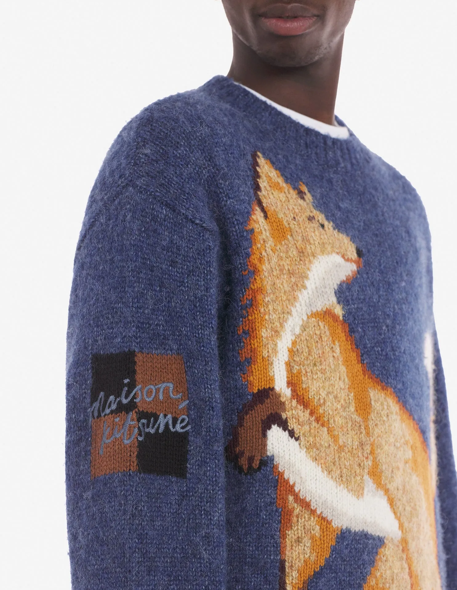 Pull confortable Fox Intarsia en denim bleu mélangé