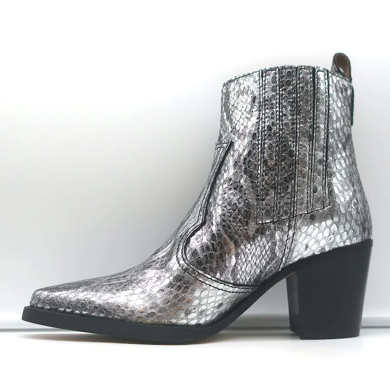 Bottes Chelsea Western Callie Ganni en cuir imprimé serpent métallisé argenté taille 39