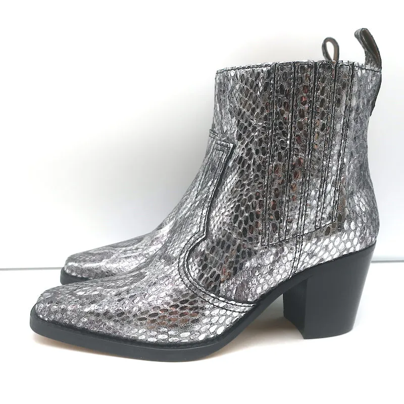 Bottes Chelsea Western Callie Ganni en cuir imprimé serpent métallisé argenté taille 39