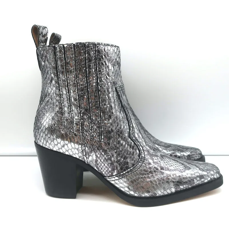 Bottes Chelsea Western Callie Ganni en cuir imprimé serpent métallisé argenté taille 39