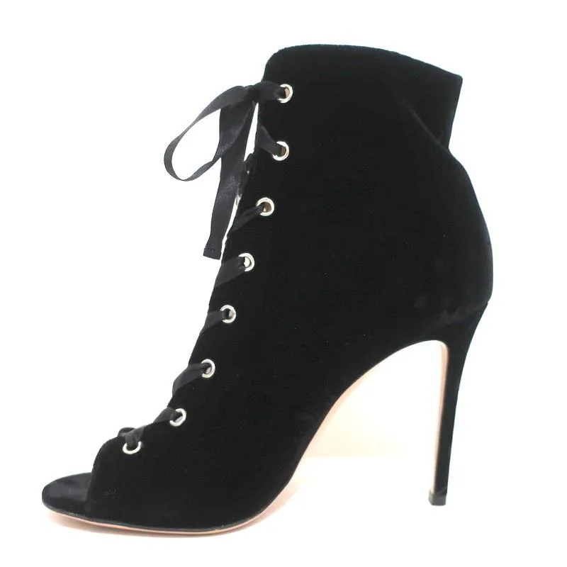 Bottes à lacets Gianvito Rossi à bout ouvert en velours noir Marie Taille 40.5