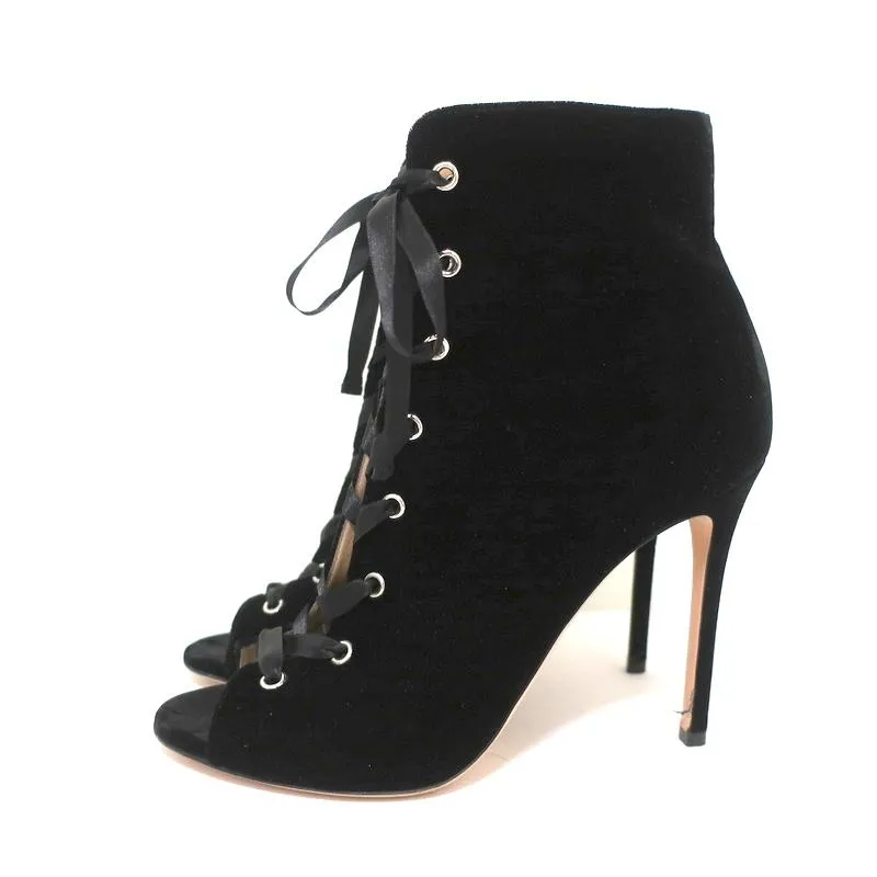 Bottes à lacets Gianvito Rossi à bout ouvert en velours noir Marie Taille 40.5