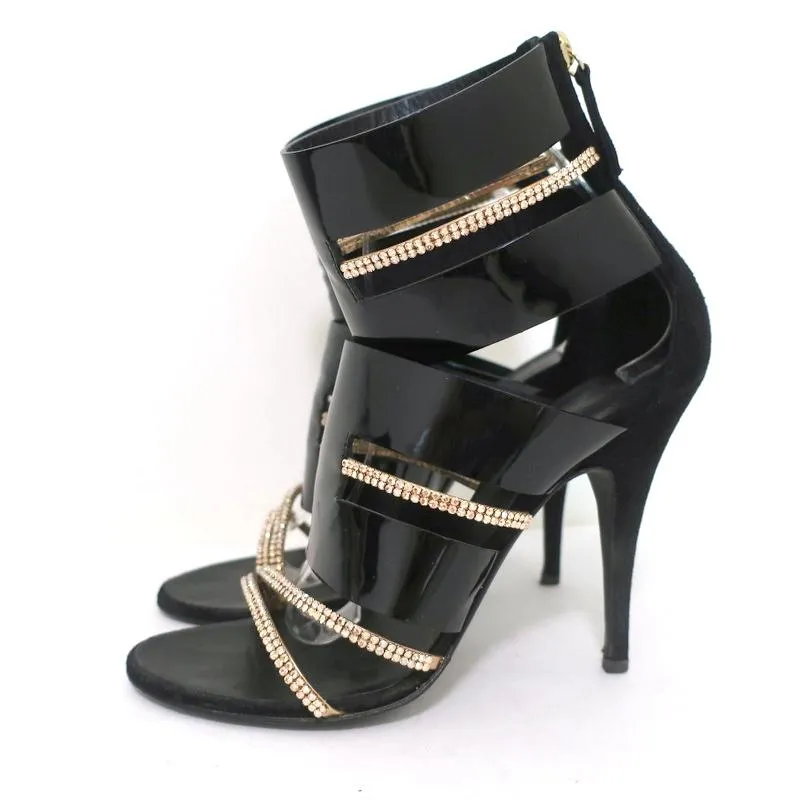 Botte Sandale Giuseppe Zanotti x Balmain à Cristaux Noir Vernis & Suède Taille 39
