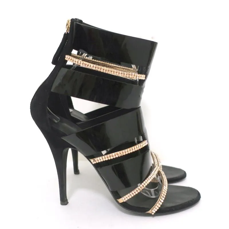 Botte Sandale Giuseppe Zanotti x Balmain à Cristaux Noir Vernis & Suède Taille 39