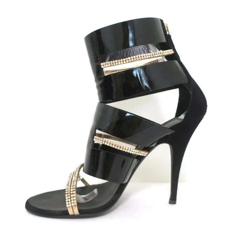 Botte Sandale Giuseppe Zanotti x Balmain à Cristaux Noir Vernis & Suède Taille 39