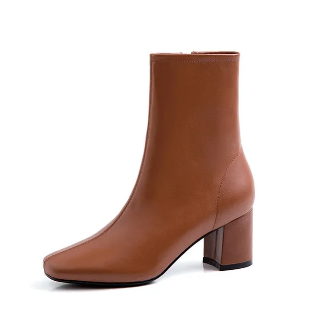 ISNOM Bottes à Talons Hauts pour Femmes en Cuir de Vache Bottes Cheville à Bout Carré Chaussures Femme Mode Fête Zip Dames Printemps 2020 Nouvelle Mode Nova Chaussures