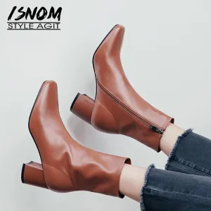 ISNOM Bottes à Talons Hauts pour Femmes en Cuir de Vache Bottes Cheville à Bout Carré Chaussures Femme Mode Fête Zip Dames Printemps 2020 Nouvelle Mode Nova Chaussures
