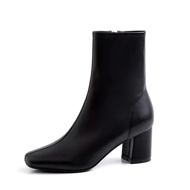 ISNOM Bottes à Talons Hauts pour Femmes en Cuir de Vache Bottes Cheville à Bout Carré Chaussures Femme Mode Fête Zip Dames Printemps 2020 Nouvelle Mode Nova Chaussures