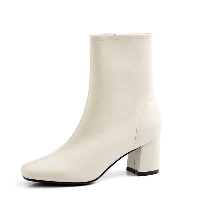 ISNOM Bottes à Talons Hauts pour Femmes en Cuir de Vache Bottes Cheville à Bout Carré Chaussures Femme Mode Fête Zip Dames Printemps 2020 Nouvelle Mode Nova Chaussures