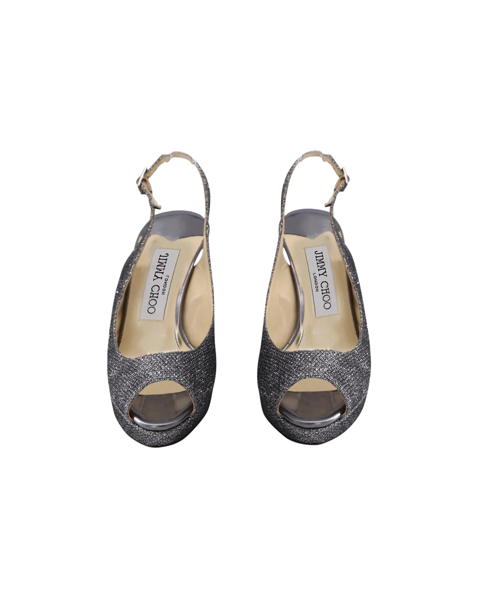 Jimmy Choo Escarpins à bouts ouverts avec bride en métal gunmetal pailleté en cuir argenté