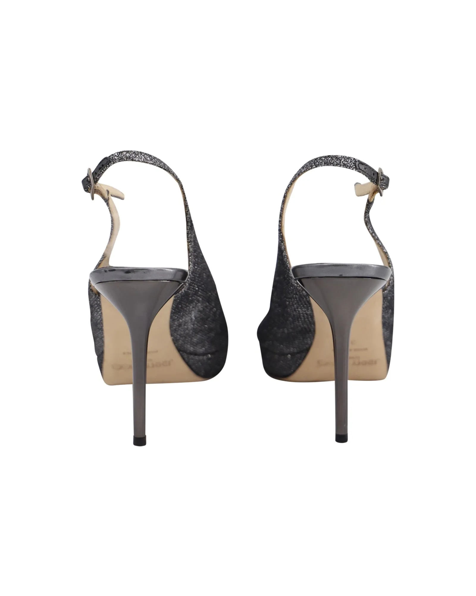 Jimmy Choo Escarpins à bouts ouverts avec bride en métal gunmetal pailleté en cuir argenté