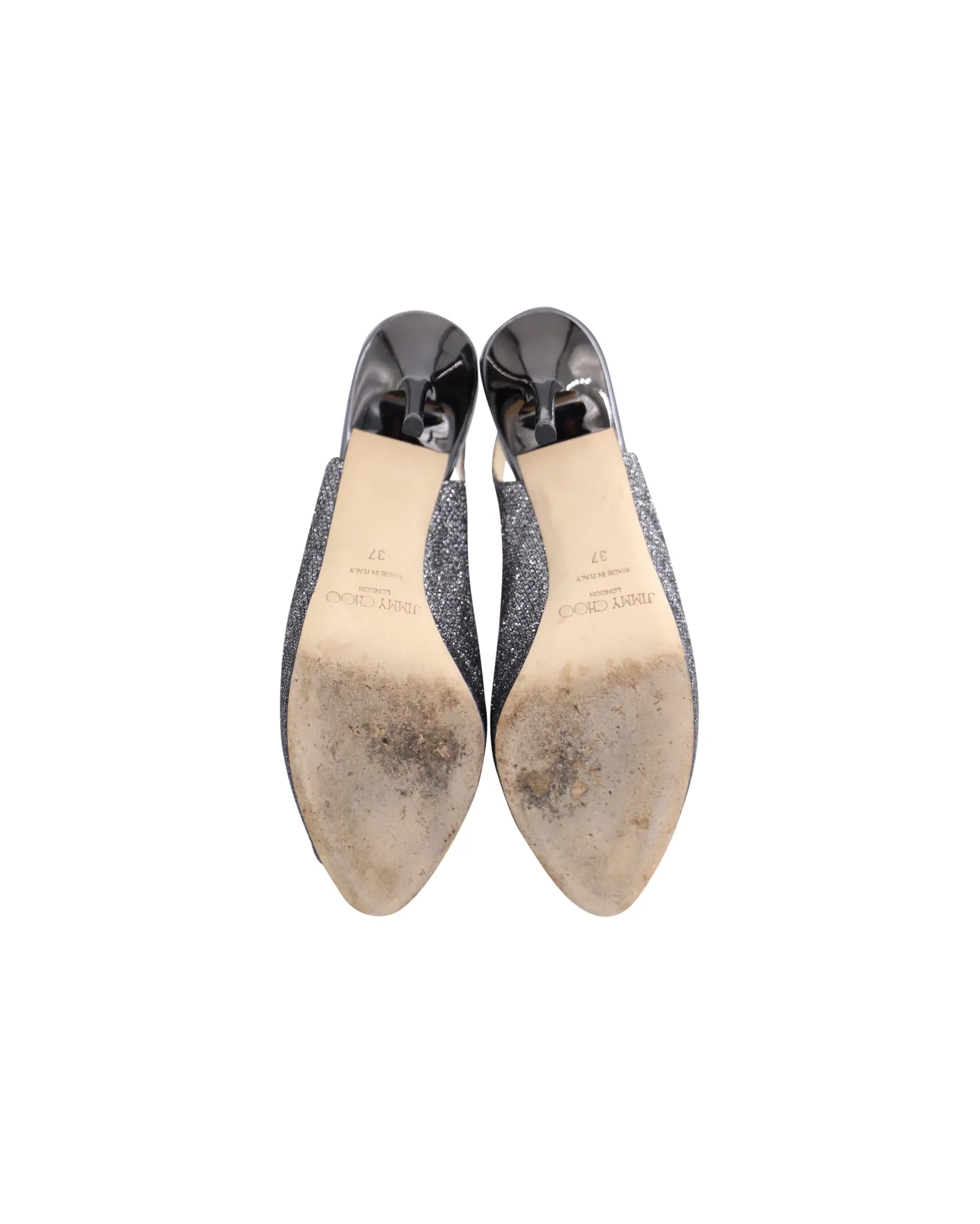 Jimmy Choo Escarpins à bouts ouverts avec bride en métal gunmetal pailleté en cuir argenté