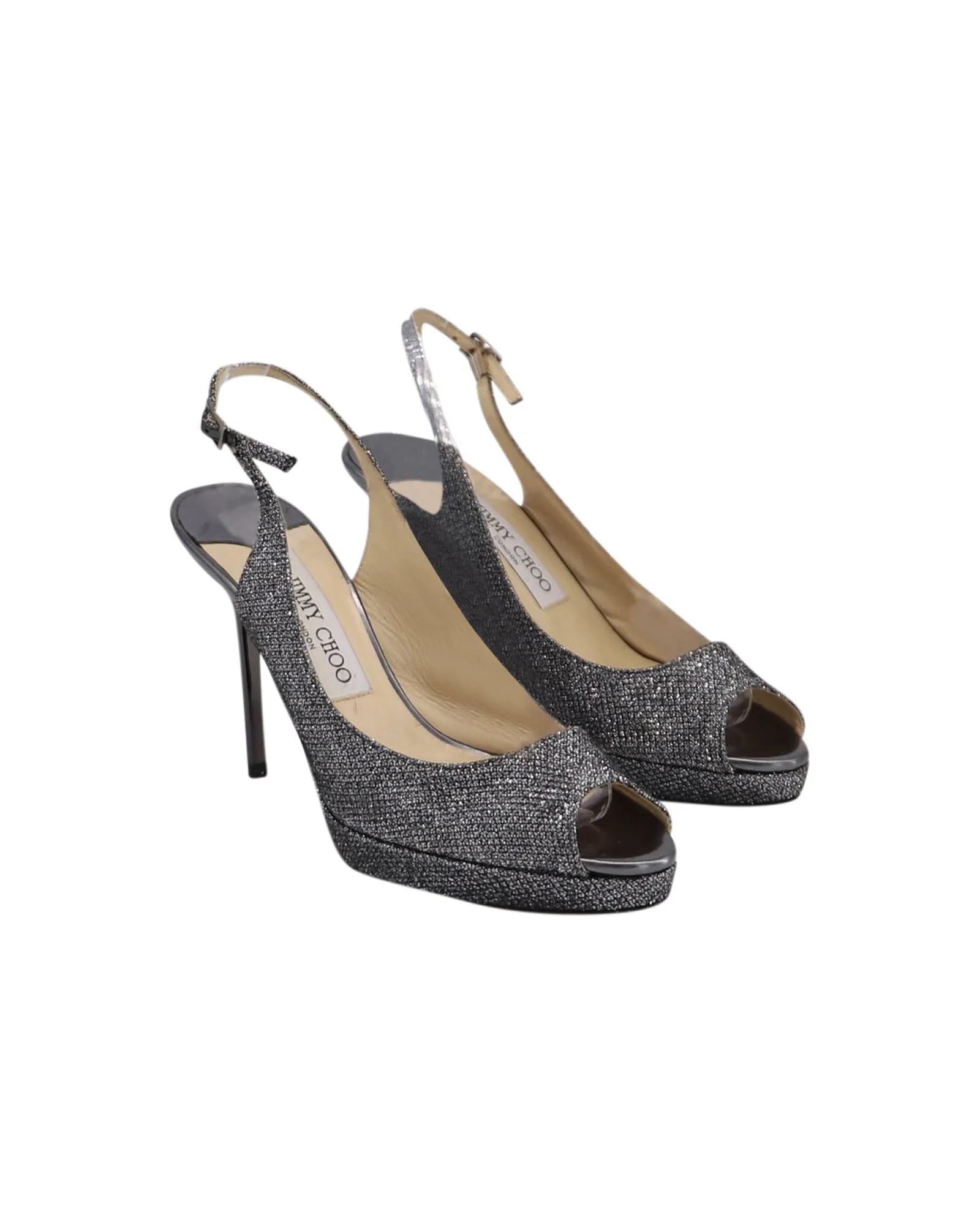 Jimmy Choo Escarpins à bouts ouverts avec bride en métal gunmetal pailleté en cuir argenté