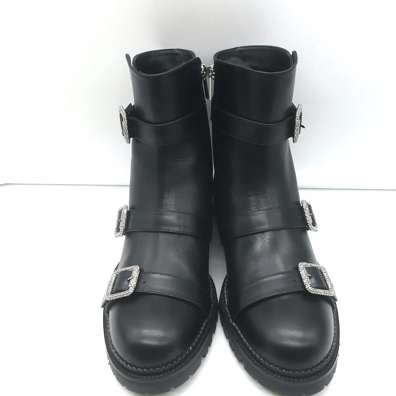 Jimmy Choo Hank Bottines plates à boucle ornementale en cuir noir Taille 39 NEUF