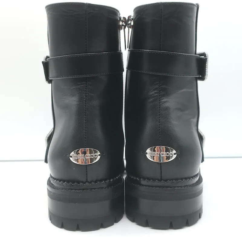 Jimmy Choo Hank Bottines plates à boucle ornementale en cuir noir Taille 39 NEUF
