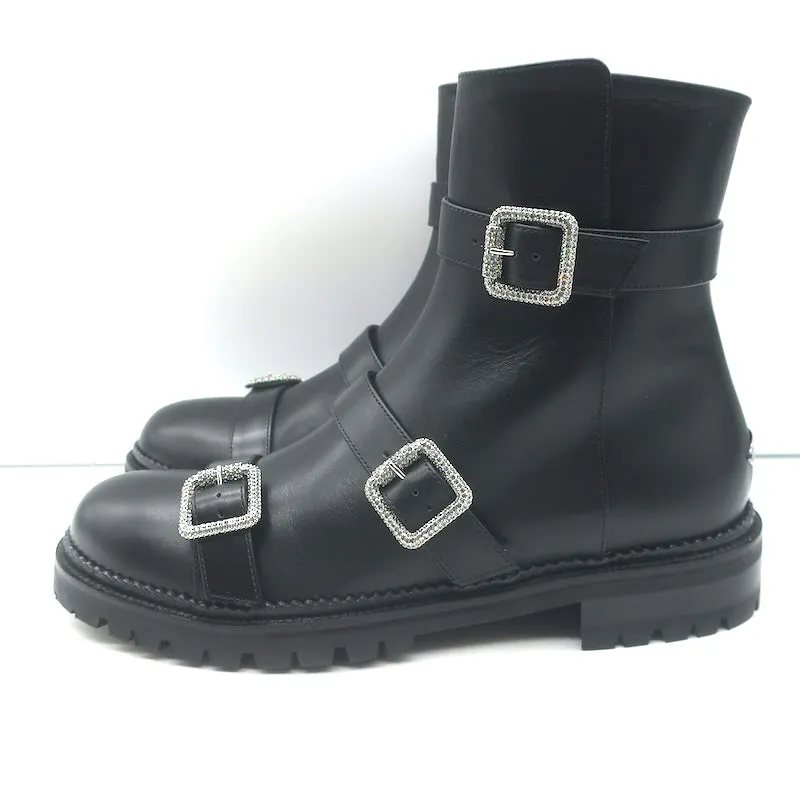 Jimmy Choo Hank Bottines plates à boucle ornementale en cuir noir Taille 39 NEUF