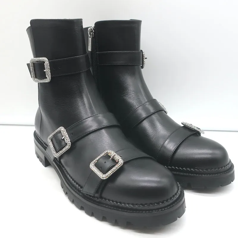 Jimmy Choo Hank Bottines plates à boucle ornementale en cuir noir Taille 39 NEUF