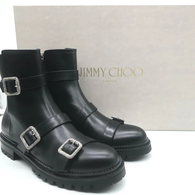 Jimmy Choo Hank Bottines plates à boucle ornementale en cuir noir Taille 39 NEUF