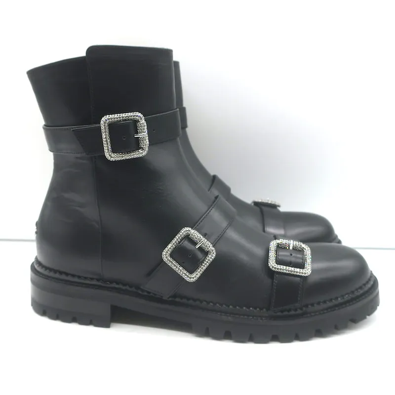Jimmy Choo Hank Bottines plates à boucle ornementale en cuir noir Taille 39 NEUF