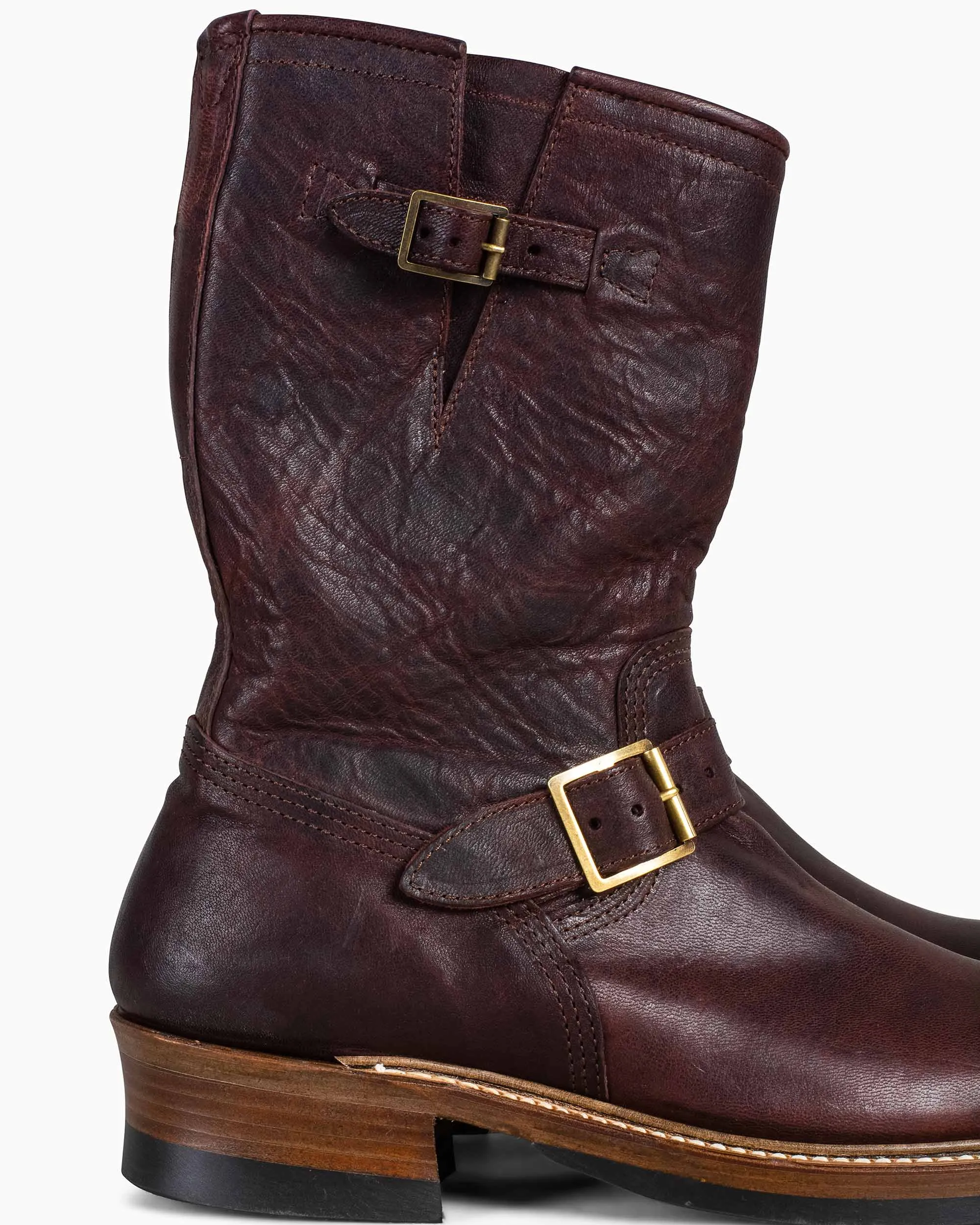 John Lofgren Bootmaker Bottes d'Ingénieur Wabash en Peau de Cerf Ezo Shika Bourgogne Brûlé